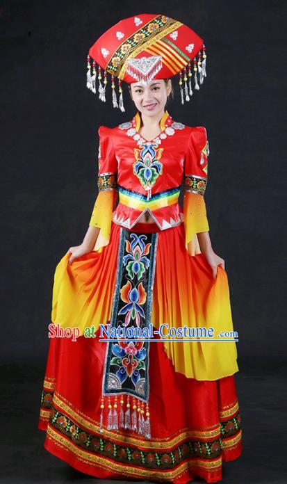 Chinese Traditional Zhuang Nationality Stage Show Red Long Dress Ethnic Minority Folk Dance Costume for Women