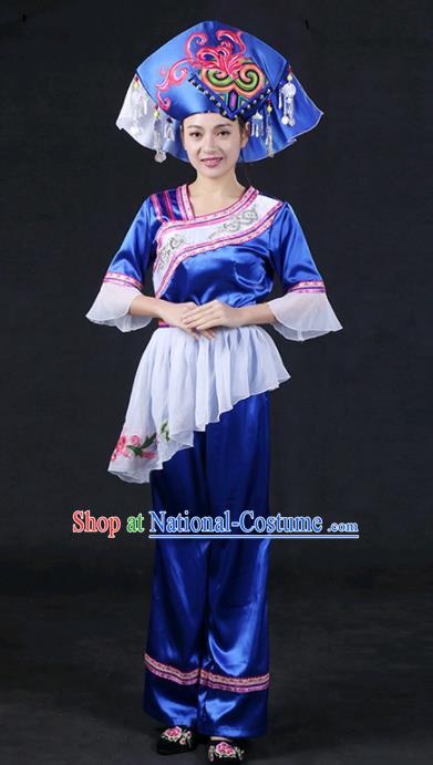 Chinese Traditional Zhuang Nationality Stage Show Royalblue Dress Ethnic Minority Folk Dance Costume for Women