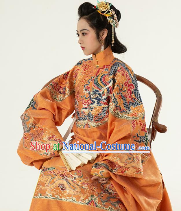 Traditional Chinese Ming Dynasty Empress Golden Embroidered Dress Ancient Royal Queen Costumes for Women