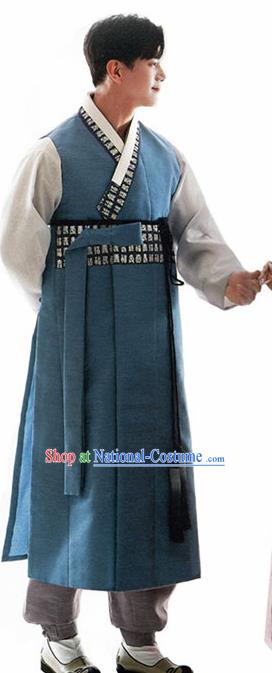 Korean Traditional Blue Hanbok Asian Korea Bridegroom Fashion Costume for Men