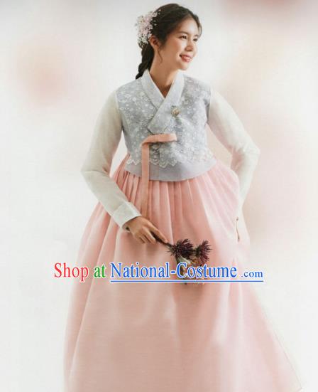 Korean Traditional Hanbok Wedding Bride Grey Blouse and Pink Dress Outfits Asian Korea Fashion Costume for Women