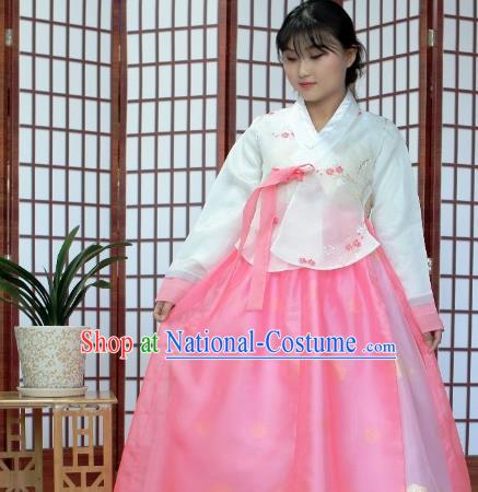 Korean Traditional Hanbok White Blouse and Pink Dress Outfits Asian Korea Wedding Fashion Costume for Women