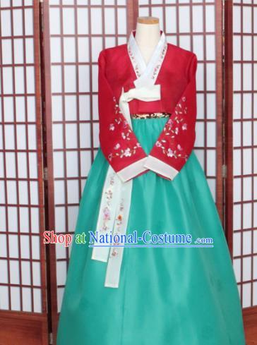 Korean Traditional Hanbok Red Blouse and Green Dress Outfits Asian Korea Wedding Fashion Costume for Women