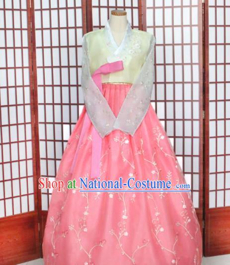 Korean Traditional Hanbok Yellow Blouse and Pink Dress Outfits Asian Korea Wedding Fashion Costume for Women