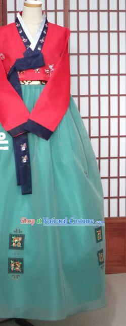 Korean Traditional Hanbok Red Blouse and Green Dress Outfits Asian Korea Wedding Fashion Costume for Women