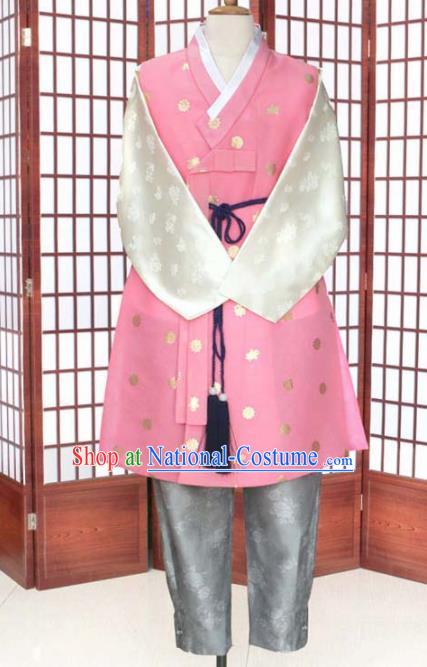 Korean Traditional Pink Shirt and Grey Pants Hanbok Asian Korea Bridegroom Fashion Costume for Men