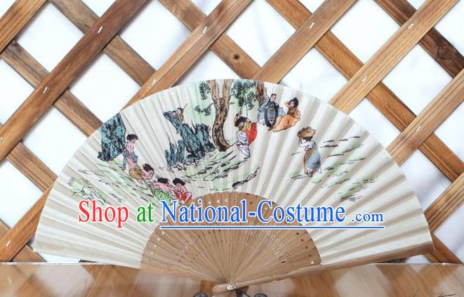 Korean Traditional Folk Wood Folding Fan Asian Korea Printing Paper Fans for Women