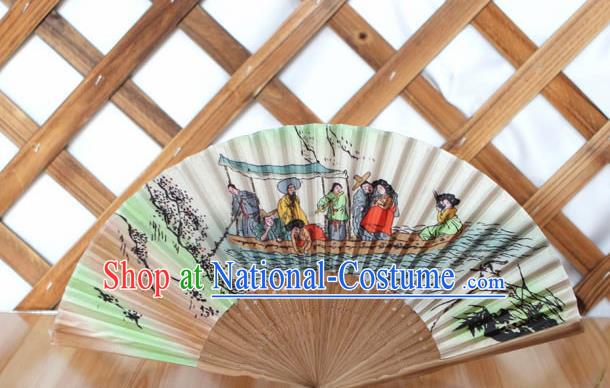 Korean Traditional Wood Folding Fan Asian Korea Folk Printing Boat Paper Fans for Women