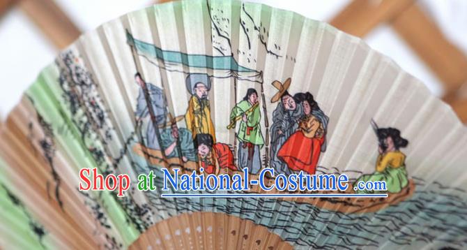 Korean Traditional Wood Folding Fan Asian Korea Folk Printing Boat Paper Fans for Women