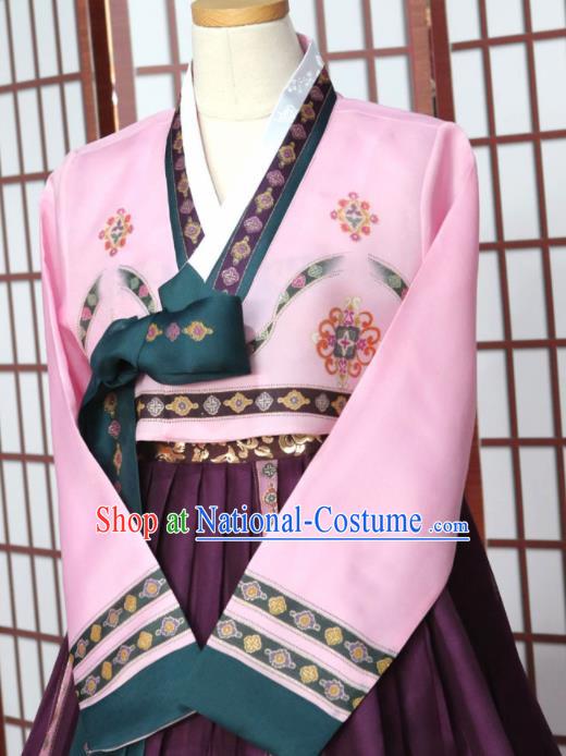 Korean Traditional Garment Hanbok Pink Blouse and Purple Dress Outfits Asian Korea Fashion Costume for Women