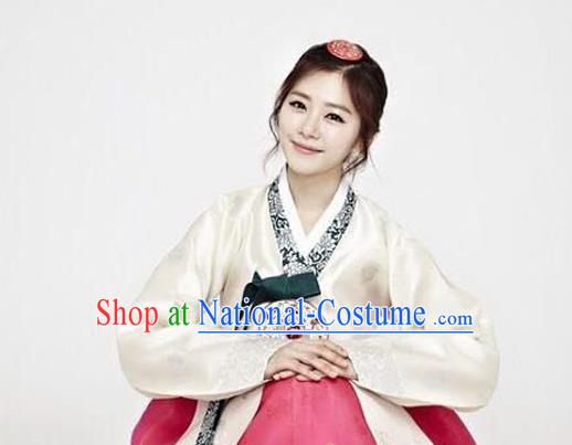 Korean Traditional Garment Hanbok Beige Blouse and Rosy Dress Outfits Asian Korea Fashion Costume for Women