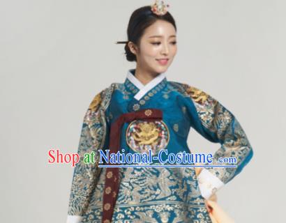 Korean Traditional Bride Garment Hanbok Blue Satin Blouse and Yellow Dress Outfits Asian Korea Fashion Costume for Women