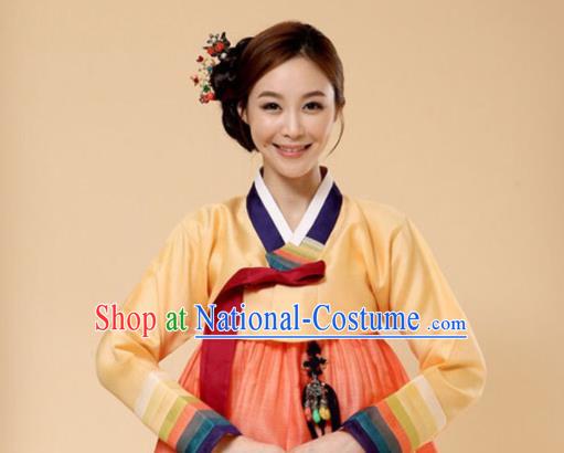 Korean Traditional Bride Garment Hanbok Yellow Blouse and Orange Dress Outfits Asian Korea Fashion Costume for Women