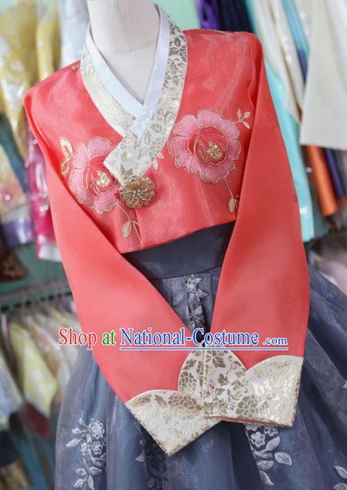 Korean Traditional Garment Bride Hanbok Red Blouse and Navy Dress Outfits Asian Korea Fashion Costume for Women