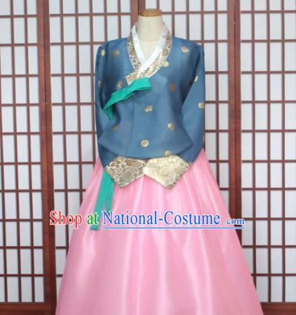 Korean Traditional Hanbok Blue Blouse and Pink Dress Outfits Asian Korea Fashion Costume for Women