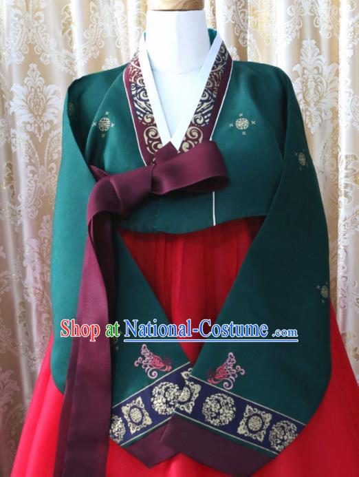 Korean Traditional Hanbok Deep Green Blouse and Red Dress Outfits Asian Korea Fashion Costume for Women