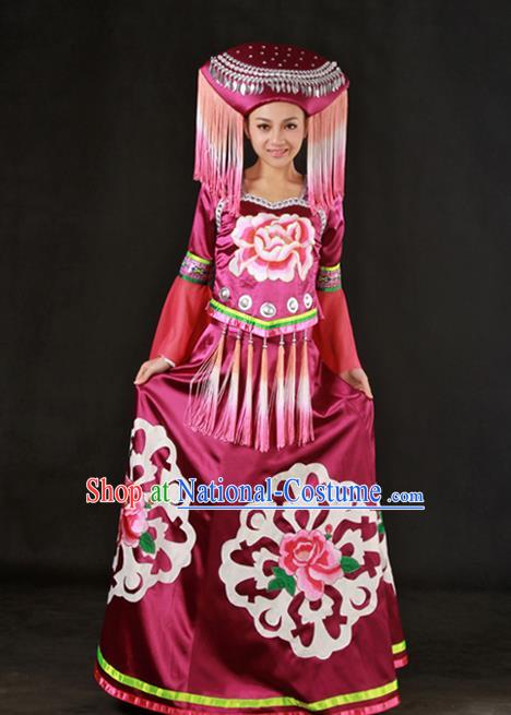 Chinese Traditional Zhuang Nationality Wine Red Dress Ethnic Minority Folk Dance Stage Show Costume for Women