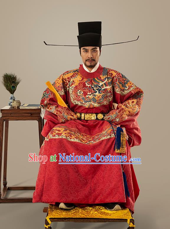 Traditional Chinese Ming Dynasty Emperor Red Embroidered Dress Ancient Royal King Costumes for Men