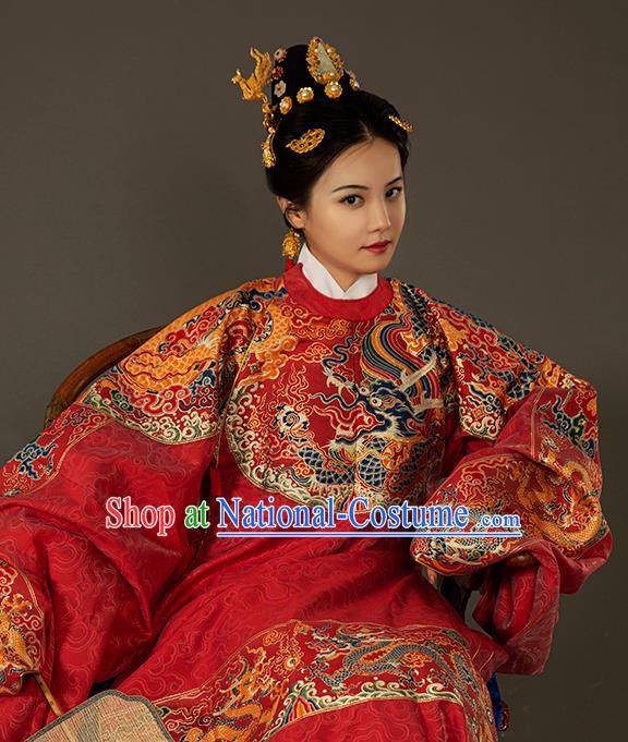 Traditional Chinese Ming Dynasty Royal Queen Red Embroidered Dress Ancient Court Empress Costumes for Women