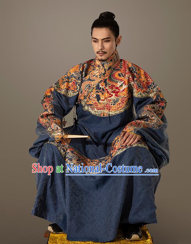 Traditional Chinese Ming Dynasty Royal Highness Blue Embroidered Robe Ancient King Costumes for Men