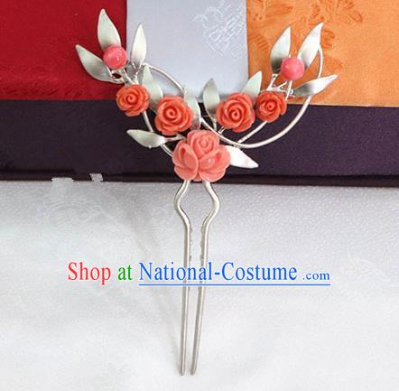 Korean Traditional Wedding Bride Pink Roses Hairpins Asian Korea Hanbok Hair Accessories for Women