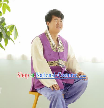 Korean Traditional Purple Silk Vest and Pants Hanbok Asian Korea Bridegroom Fashion Costume for Men