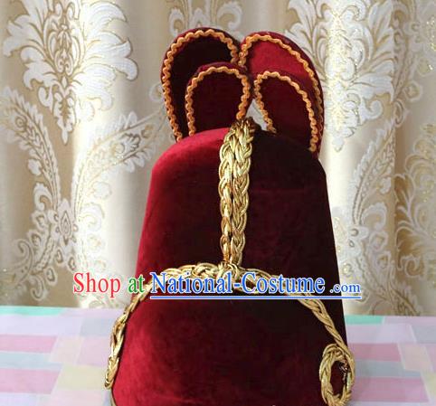 Korean Traditional King Red Hat Asian Korea Ancient Emperor Headwear for Men