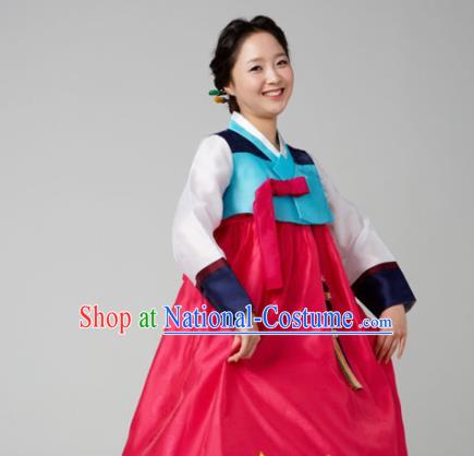 Korean Traditional Mother Hanbok Garment Blue Blouse and Rosy Dress Asian Korea Fashion Costume for Women