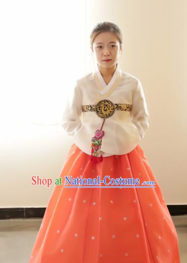 Korean Traditional Hanbok Garment White Blouse and Orange Dress Asian Korea Fashion Costume for Women