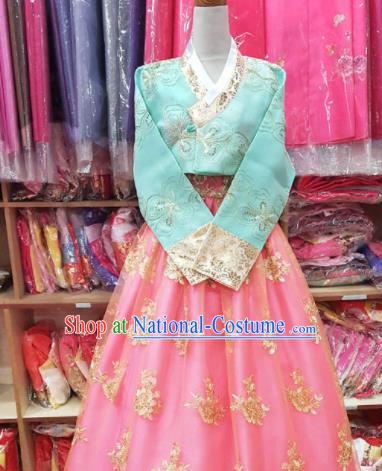 Korean Traditional Hanbok Garment Blue Blouse and Pink Dress Asian Korea Fashion Costume for Women