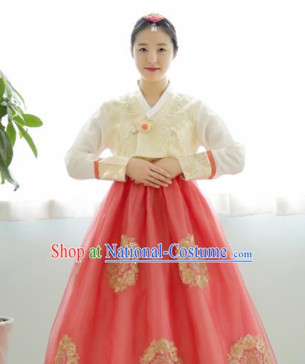 Korean Traditional Hanbok Garment Beige Blouse and Red Dress Asian Korea Fashion Costume for Women