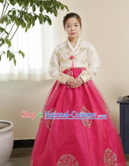 Korean Traditional Hanbok Garment White Blouse and Rosy Dress Asian Korea Fashion Costume for Women