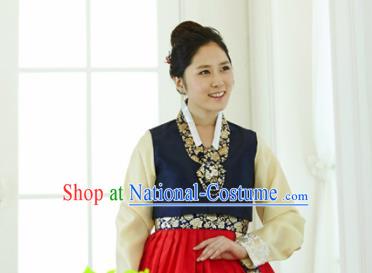 Korean Traditional Hanbok Garment Navy Blouse and Red Dress Asian Korea Fashion Costume for Women