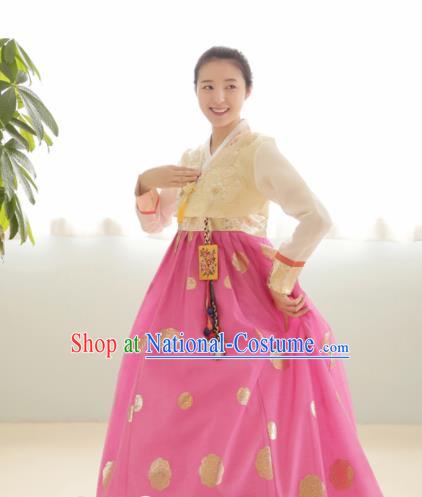 Korean Traditional Hanbok Garment Beige Blouse and Pink Dress Asian Korea Fashion Costume for Women