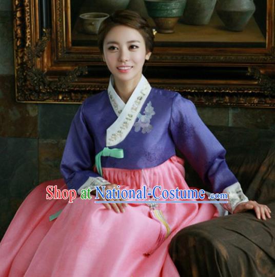 Korean Traditional Hanbok Garment Purple Blouse and Pink Dress Asian Korea Fashion Costume for Women