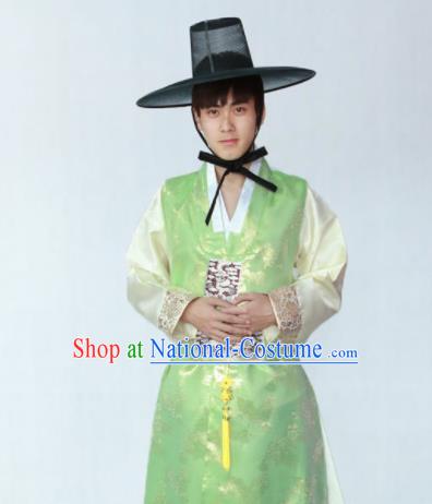 Korean Traditional Green Silk Long Vest Hanbok Asian Korea Bridegroom Fashion Costume for Men