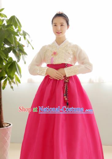 Korean Traditional Court Hanbok Garment Beige Blouse and Rosy Dress Asian Korea Fashion Costume for Women