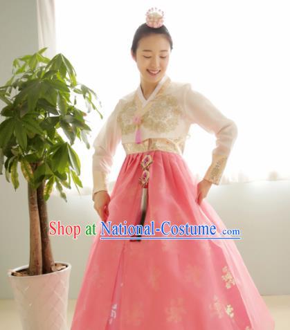 Korean Traditional Court Hanbok Garment Beige Blouse and Pink Dress Asian Korea Fashion Costume for Women