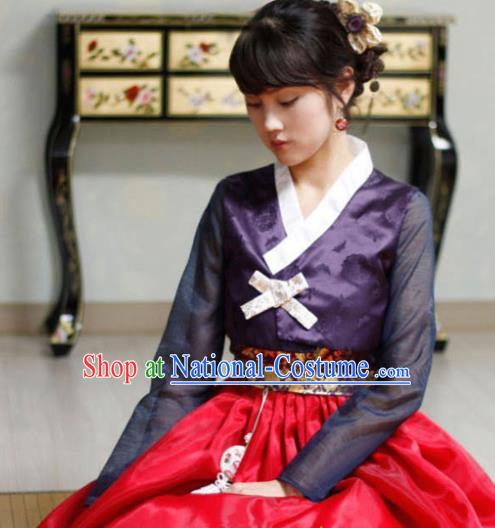 Korean Traditional Court Hanbok Garment Purple Blouse and Red Dress Asian Korea Fashion Costume for Women