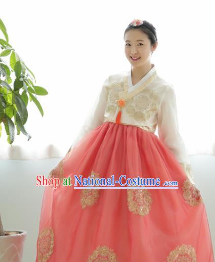 Korean Traditional Court Hanbok Garment White Blouse and Pink Dress Asian Korea Fashion Costume for Women