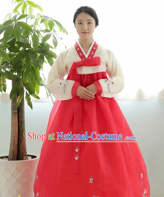 Korean Traditional Court Hanbok Garment Beige Blouse and Red Dress Asian Korea Fashion Costume for Women