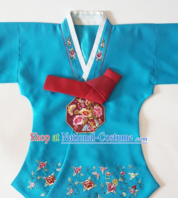 Korean Traditional Court Hanbok Garment Embroidered Lake Blue Blouse Asian Korea Fashion Costume for Women