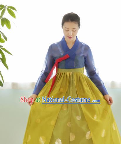 Korean Traditional Court Hanbok Garment Blue Blouse and Ginger Dress Asian Korea Fashion Costume for Women