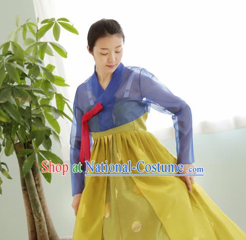 Korean Traditional Court Hanbok Garment Blue Blouse and Ginger Dress Asian Korea Fashion Costume for Women