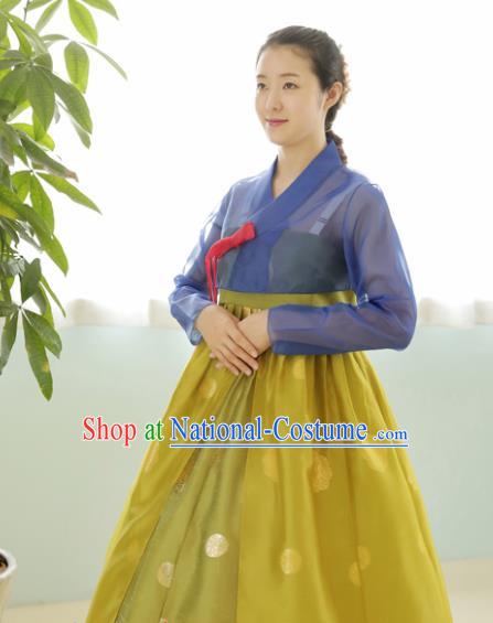 Korean Traditional Court Hanbok Garment Blue Blouse and Ginger Dress Asian Korea Fashion Costume for Women