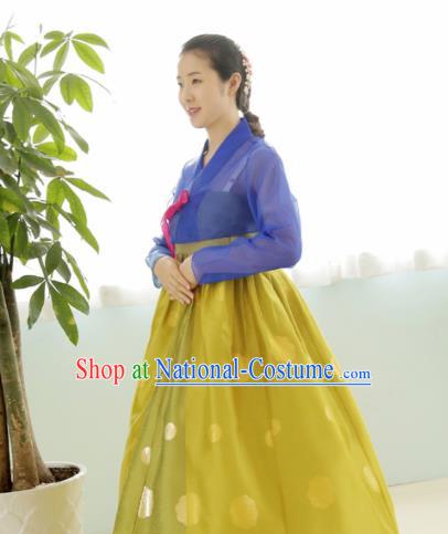 Korean Traditional Court Hanbok Garment Blue Blouse and Ginger Dress Asian Korea Fashion Costume for Women