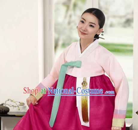 Korean Traditional Bride Mother Hanbok Garment Pink Satin Blouse and Rosy Dress Asian Korea Fashion Costume for Women