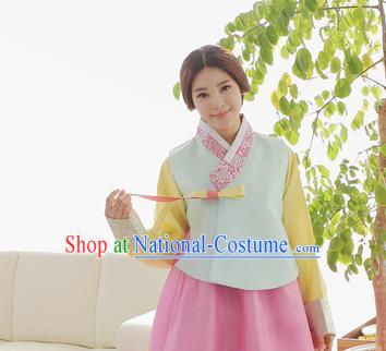 Korean Traditional Hanbok Garment Light Blue Blouse and Pink Dress Asian Korea Fashion Costume for Women