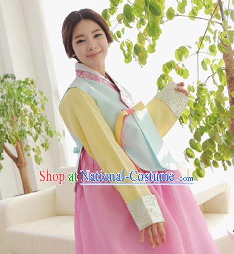 Korean Traditional Hanbok Garment Light Blue Blouse and Pink Dress Asian Korea Fashion Costume for Women