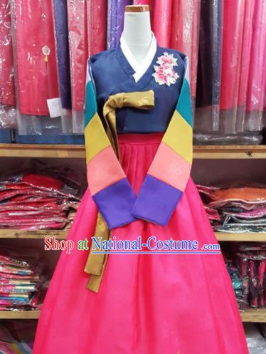 Korean Traditional Bride Mother Hanbok Embroidered Navy Blouse and Rosy Dress Garment Asian Korea Fashion Costume for Women